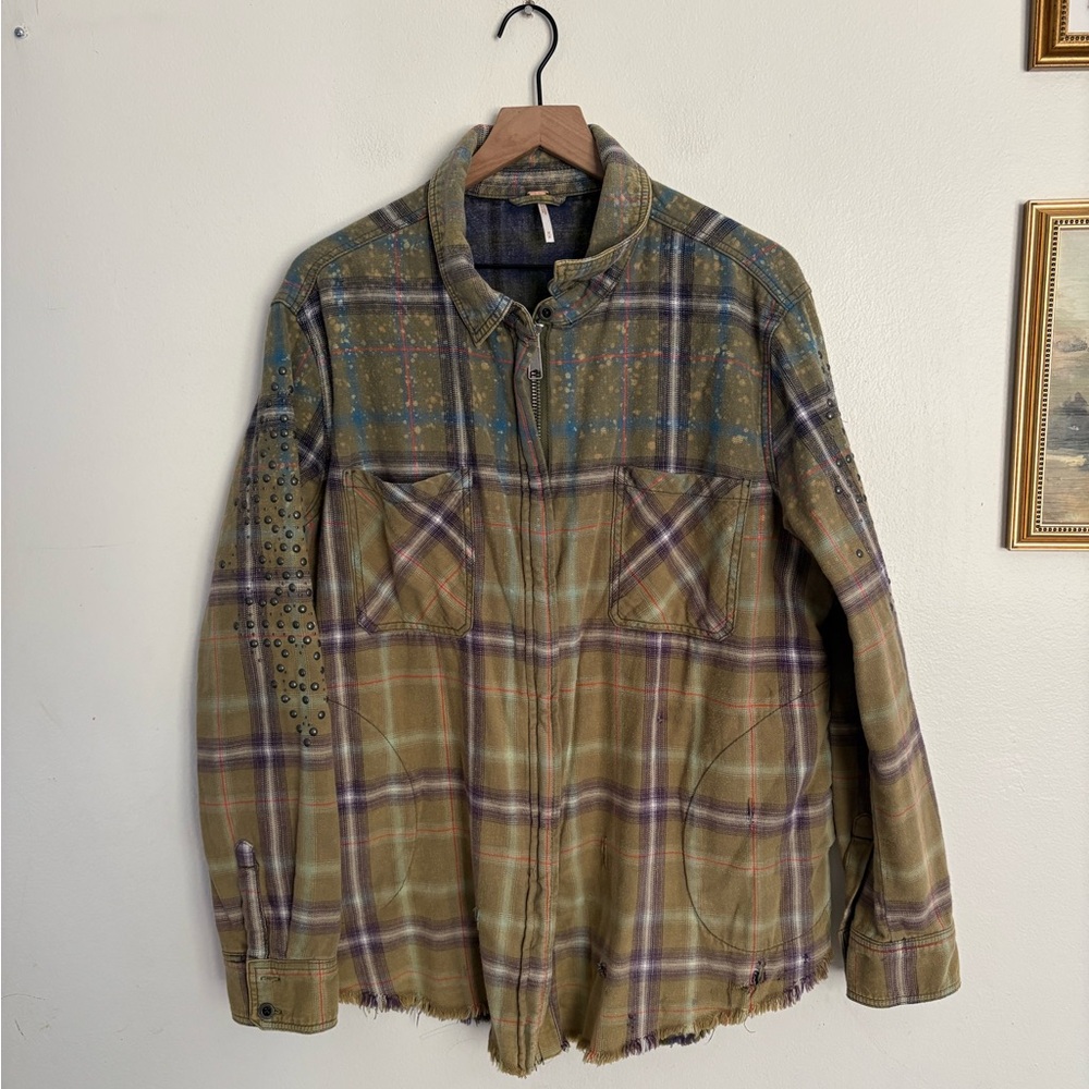 Free People Deconstructed Zip Up Grunge Plaid Jacket Green Women’s BOHO Medium